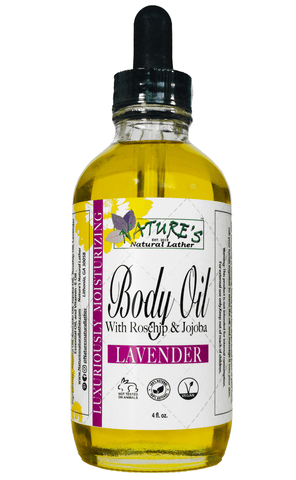 Nature's Natural Lather vegan, handcrafted, natural, and sustainable liquid Lavender scented body oil with vitamin e oil, rosehip oil, jojoba oil, essential oils, almond oil, and avocado oil. Non oily application and silk like feel with truly nourishing and hydrating benefits thanks to naturally concentrated vitamin c, d, and antioxidants. Natural body and facial moisturizer. Edit alt text Edit alt text  Edit alt text