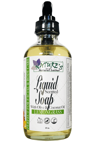 Nature's Natural Lather handcrafted Lemongrass essential oil scented liquid soap with nourishing & moisturizing natural oils including Olive Oil, Coconut Oil, Sunflower Oil, Castor Oil, Vegetable Glycerin. Perfect on sensitive skin and for both facial and body care. Tame acne, wash away dry and dead skin associated with eczema and psoriasis.