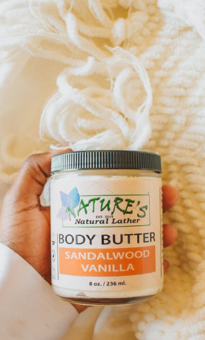 Nature's Natural Lather all natural vegan body butter with shea butter, mango butter, coca butter, coconut oil, rosehip oil, almond oil, jojoba oil, and more!