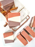 Nature's Natural Lather handcrafted cold process vegan Ylang Ylang scented bar soap with moroccan red clay, purple Brazilian clay, kaolin clay, shea butter and more vegan plant based ingredients that are perfect on sensitive, dry, and combination skin that suffers from eczema, dead skin, dry skin, psoriasis, acne, and more.  Edit alt text