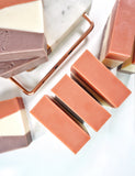 Nature's Natural Lather handcrafted cold process vegan Ylang Ylang scented bar soap with moroccan red clay, purple Brazilian clay, kaolin clay, shea butter and more vegan plant based ingredients that are perfect on sensitive, dry, and combination skin that suffers from eczema, dead skin, dry skin, psoriasis, acne, and more.  Edit alt text