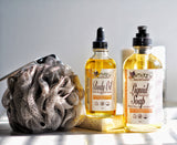 Nature's Natural Lather Sandalwood Vanilla Body and Bath Care Bundle with handcrafted natural liquid soap, body oil with rosehip and jojoba oil, and bath loofa sponge. Perfect for self care bath soaks and luxurious gift for him or her.
