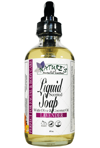Nature's Natural Lather handcrafted Lavender essential oil scented liquid soap with nourishing & moisturizing natural oils including Olive Oil, Coconut Oil, Sunflower Oil, Castor Oil, Vegetable Glycerin. Perfect on sensitive skin and for both facial and body care. Tame acne, wash away dry and dead skin associated with eczema and psoriasis.  Edit alt text