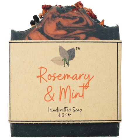 Nature's Natural Lather handcrafted cold process vegan Rosemary and Mint Essential Oil Scented bar soap made with all natural plant based vegan ingredients including activated charcoal, kaolin clay, dried rose petals, and moroccan red clay. Great on sensitive skin, dry skin, and combination skin with problems like eczema, acne, psoriasis and more.