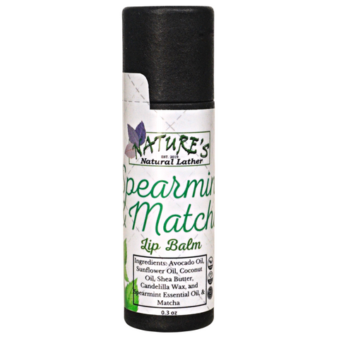 Nature's Natural Lather handcrafted vegan spearmint & matcha lip balm made with avocado oil, sunflower oil, coconut oil, shea butter, candelilla wax, and essential oils. Perfect on sensitive lips, vegan, all natural, and 0.3 oz.