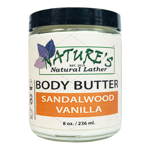 Our handcrafted Sandalwood Vanilla Body Butter is whipped and smooth to the touch. Scented with Sandalwood & Vanilla this body butter provides a distinctively soft vanilla scent with hints of warm, smooth, creamy, milky, and woodsy notes. Scented with phthalate-free fragrances our body butter also leaves out all the problems your skin can face with harsh chemicals, preservatives, and detergents.