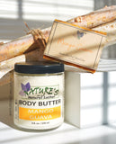 Nature's Natural Lather handcrafted Body Butter is whipped and smooth to the touch with All Natural Plant Based Ingredients. With a lovely Mango Guava scent, this body butter provides a luscious tropical mango aroma with undertones of juicy papaya and soft floral notes. Made with 100% Essential Oil based fragrances, our body butter also leaves out all the problems your skin can face with harsh chemicals, preservatives, and detergents.