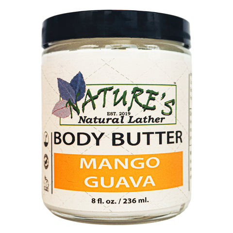 Nature's Natural Lather handcrafted Body Butter is whipped and smooth to the touch with All Natural Plant Based Ingredients. With a lovely Mango Guava scent, this body butter provides a luscious tropical mango aroma with undertones of juicy papaya and soft floral notes. Made with 100% Essential Oil based fragrances, our body butter also leaves out all the problems your skin can face with harsh chemicals, preservatives, and detergents.