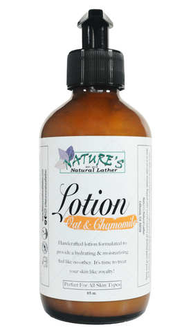 Nature's Natural Lather Oat & Chamomile Vegan Lotion For Sensitive, Dry & Chap Skin made with  Distilled Water, Organic Extra Virgin Coconut Oil, Organic Sunflower Oil, Emulsifying Wax, Stearic Acid, Organic Shea Butter, Oat Oil, Chamomile Hydrosol, Phenoxyethanol, Caprylyl Glycol, & Sorbic Acid.