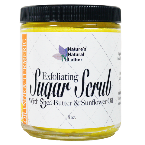 Nature's Natural Lather vegan, natural, and organic exfoliating cane sugar scrub with shea butter, sunflower oil, candelilla wax, and scented with orange essential oil for bright fruity orange scented aromatherapy. Perfect for sensitive skin and dry skin with eczema & psoriasis. 